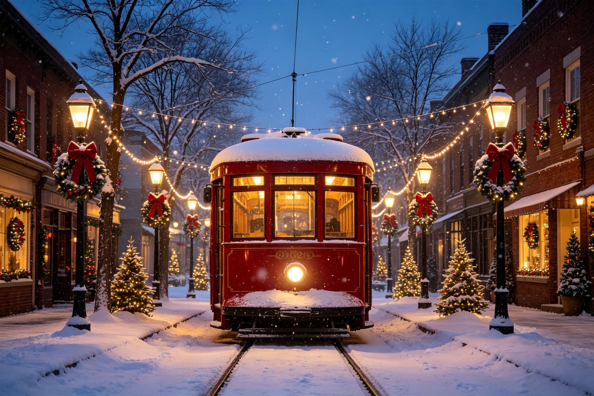 Christmas Village Backdrops Vintage Tram Snowy Street Backdrop For Christmas Village UK CSH69-68