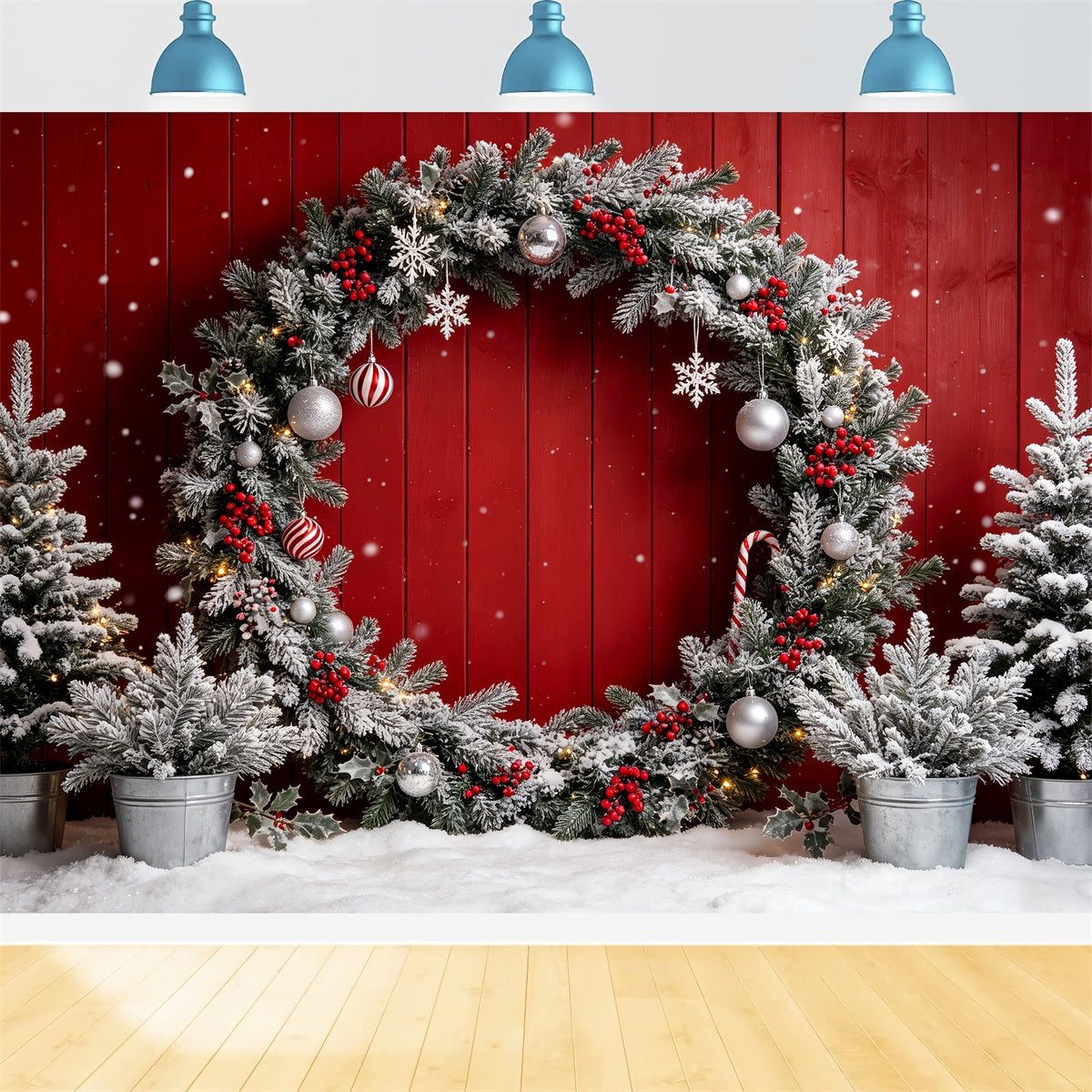 Christmas Photo Booth Backdrop Frosted Red Wreath Wall Christmas Backdrops Photography UK CSH69-69