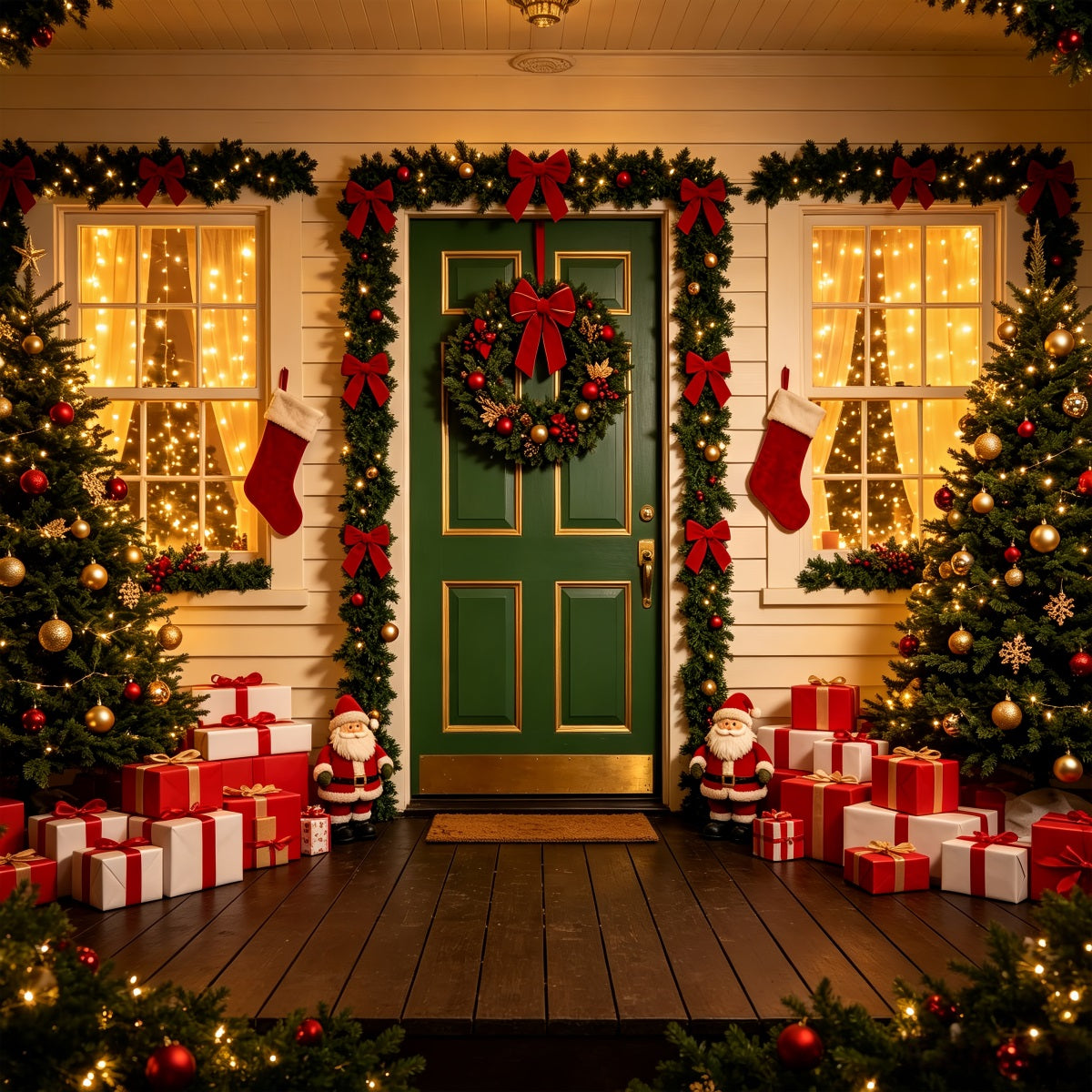 Outdoor Christmas Backdrop Green Door Wreath Entrance Xmas Backdrop UK CSH69-73