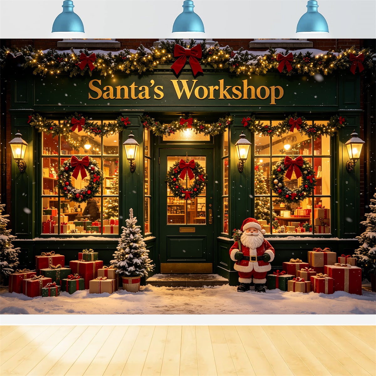 Santa's Workshop Photo Backdrop Snow Green Storefront Santa Photo Backdrop UK CSH69-78