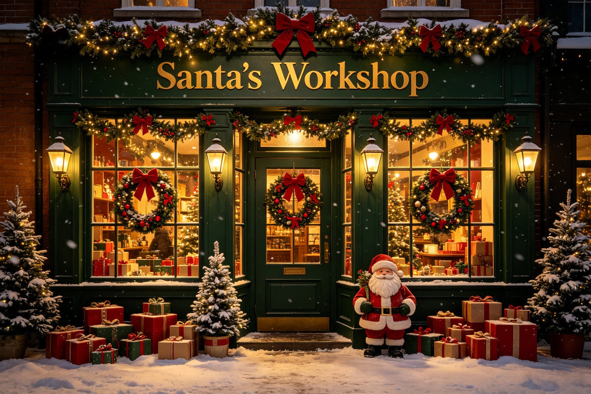 Santa's Workshop Photo Backdrop Snow Green Storefront Santa Photo Backdrop UK CSH69-78