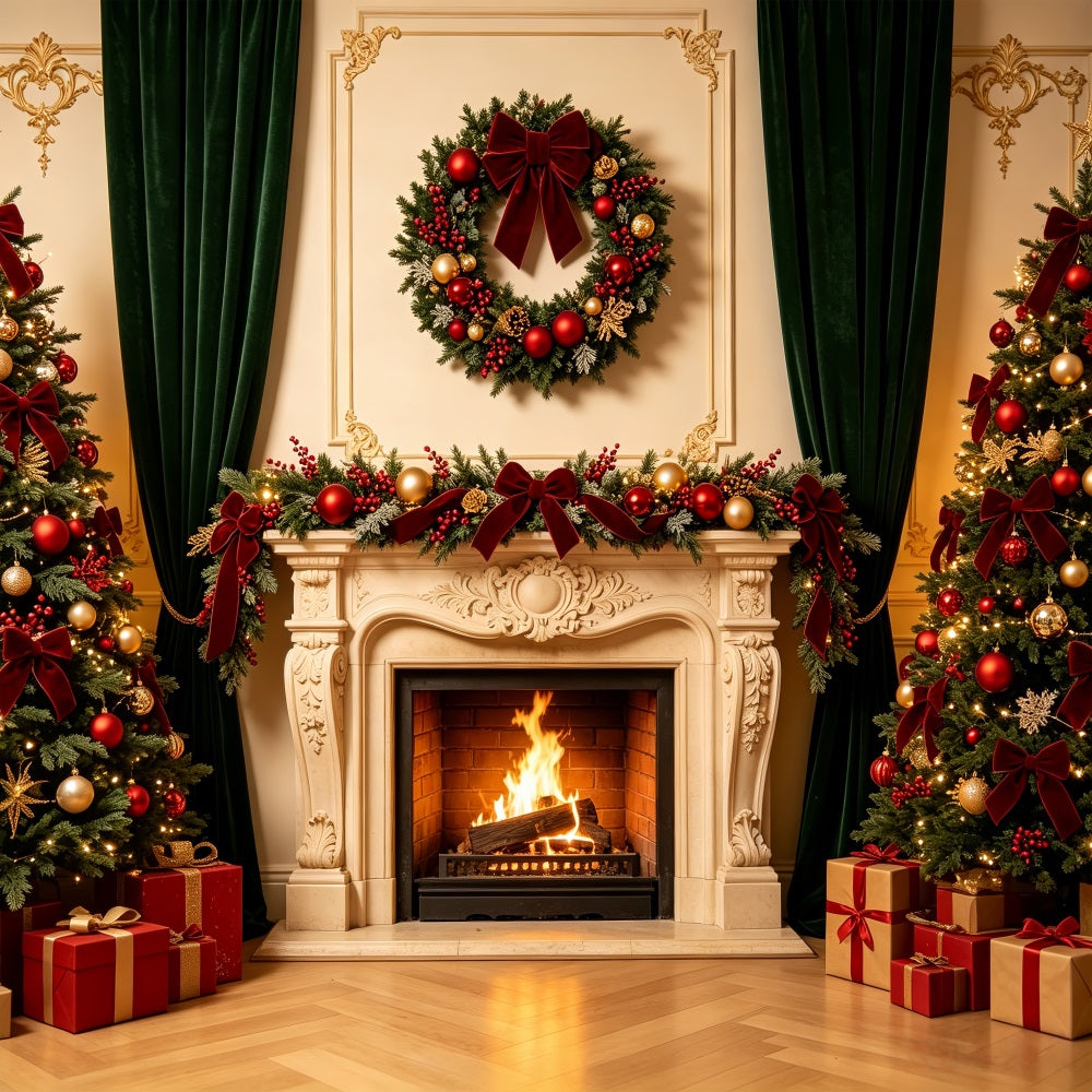 Christmas Fireplace Backdrop Elegant Wreath Retro Wall Photography Backdrop Christmas UK CSH69-8