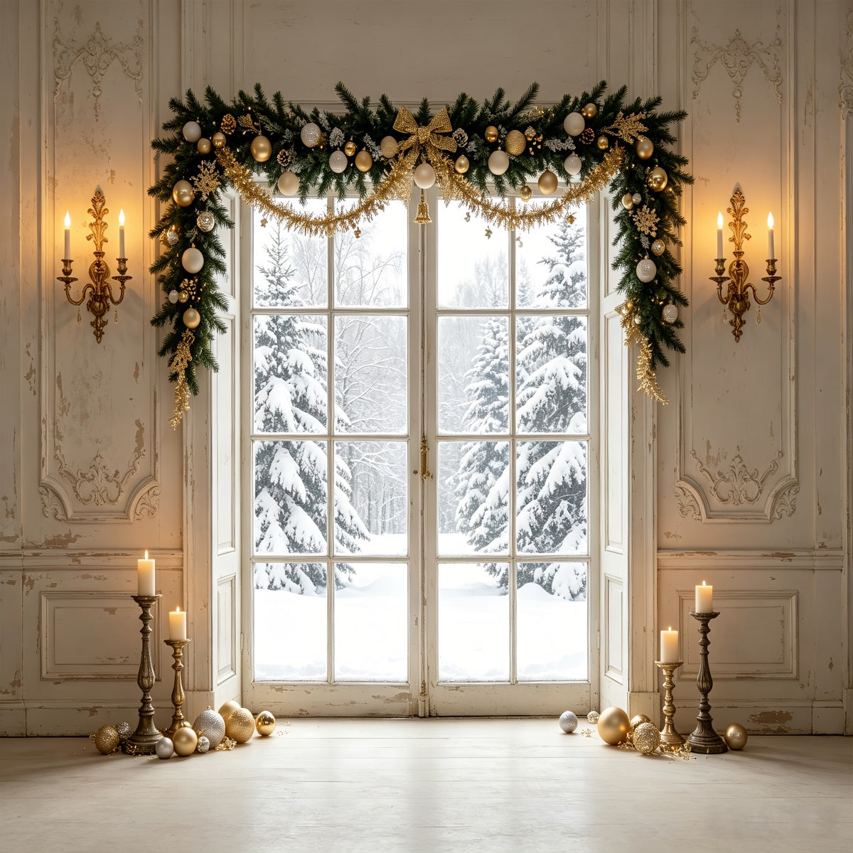 Christmas Window Backdrop Winter Pine Door View Christmas Portrait Backdrop UK CSH69-80