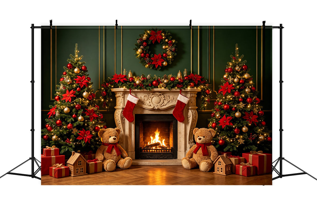 Christmas Fireplace Backdrop Teddy Bear Fireplace Decor Christmas Portrait Backdrop UK CSH69-89