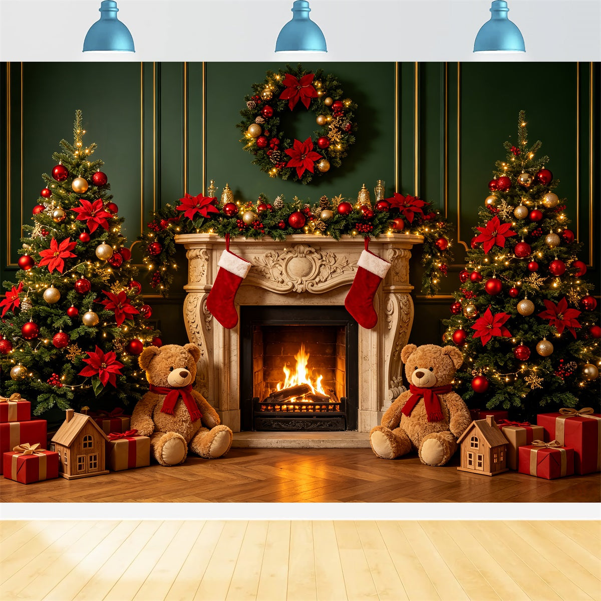 Christmas Fireplace Backdrop Teddy Bear Fireplace Decor Christmas Portrait Backdrop UK CSH69-89