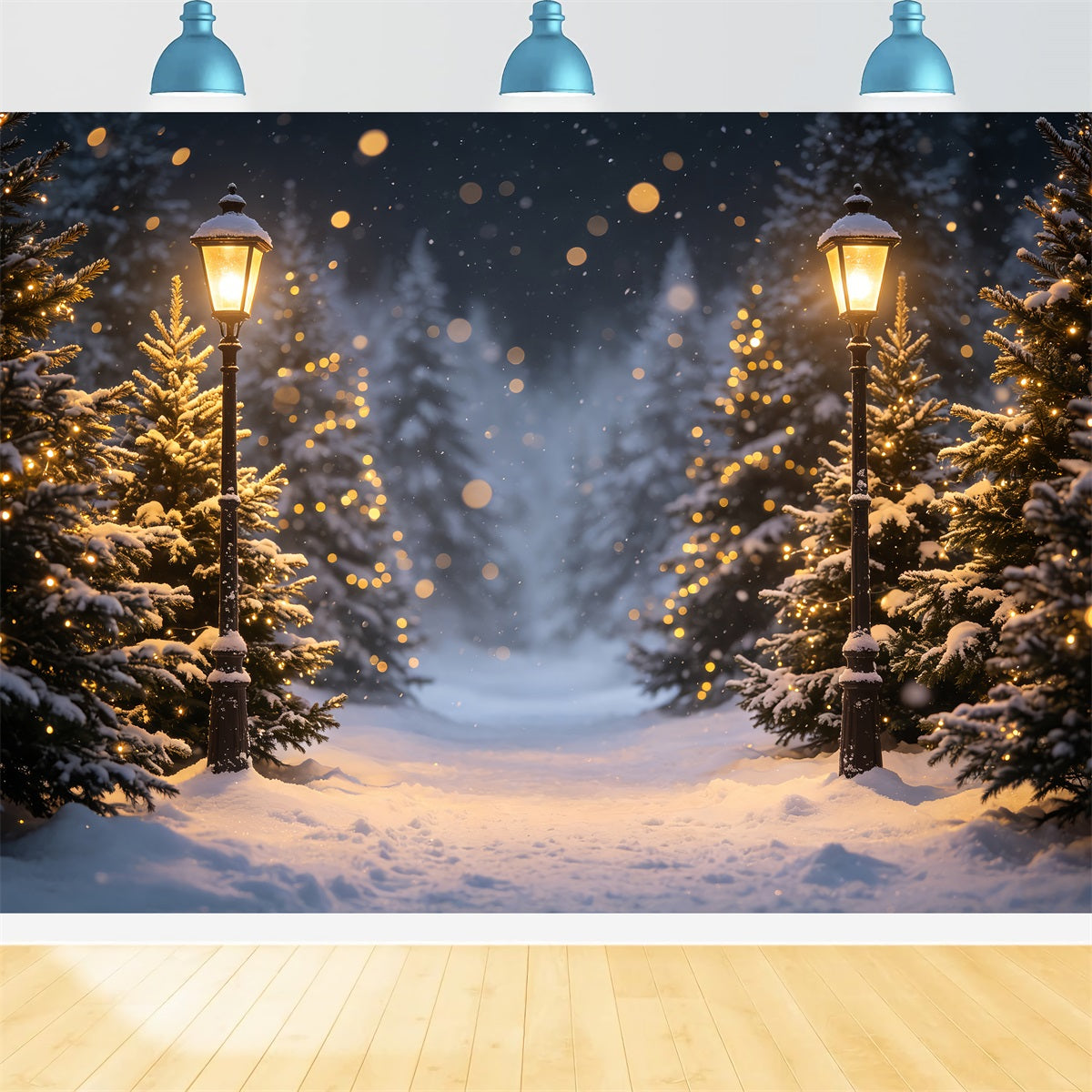 High Resolution Christmas Photo Backdrop Snowy Lantern Forest Path Outdoor Christmas Backdrop UK CSH69-96