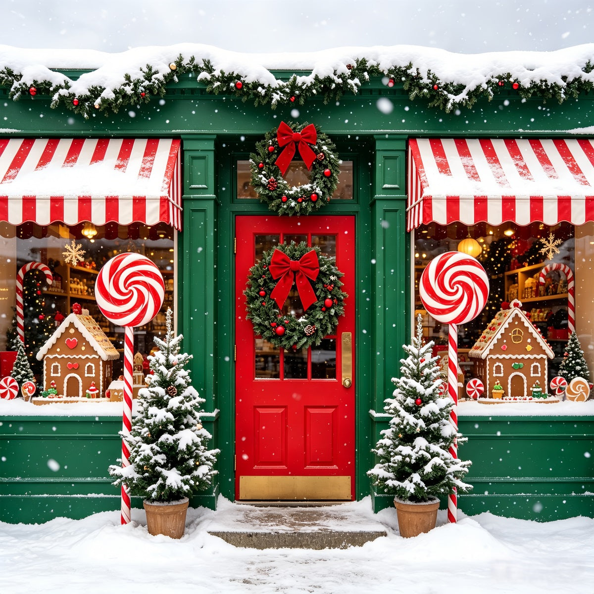 Candy Cane Backdrop Winter Shopfront Window Gingerbread Photo Backdrop UK CSH69-98