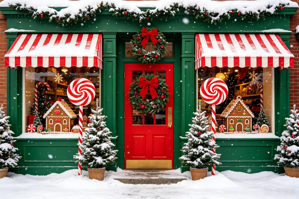 Candy Cane Backdrop Winter Shopfront Window Gingerbread Photo Backdrop UK CSH69-98