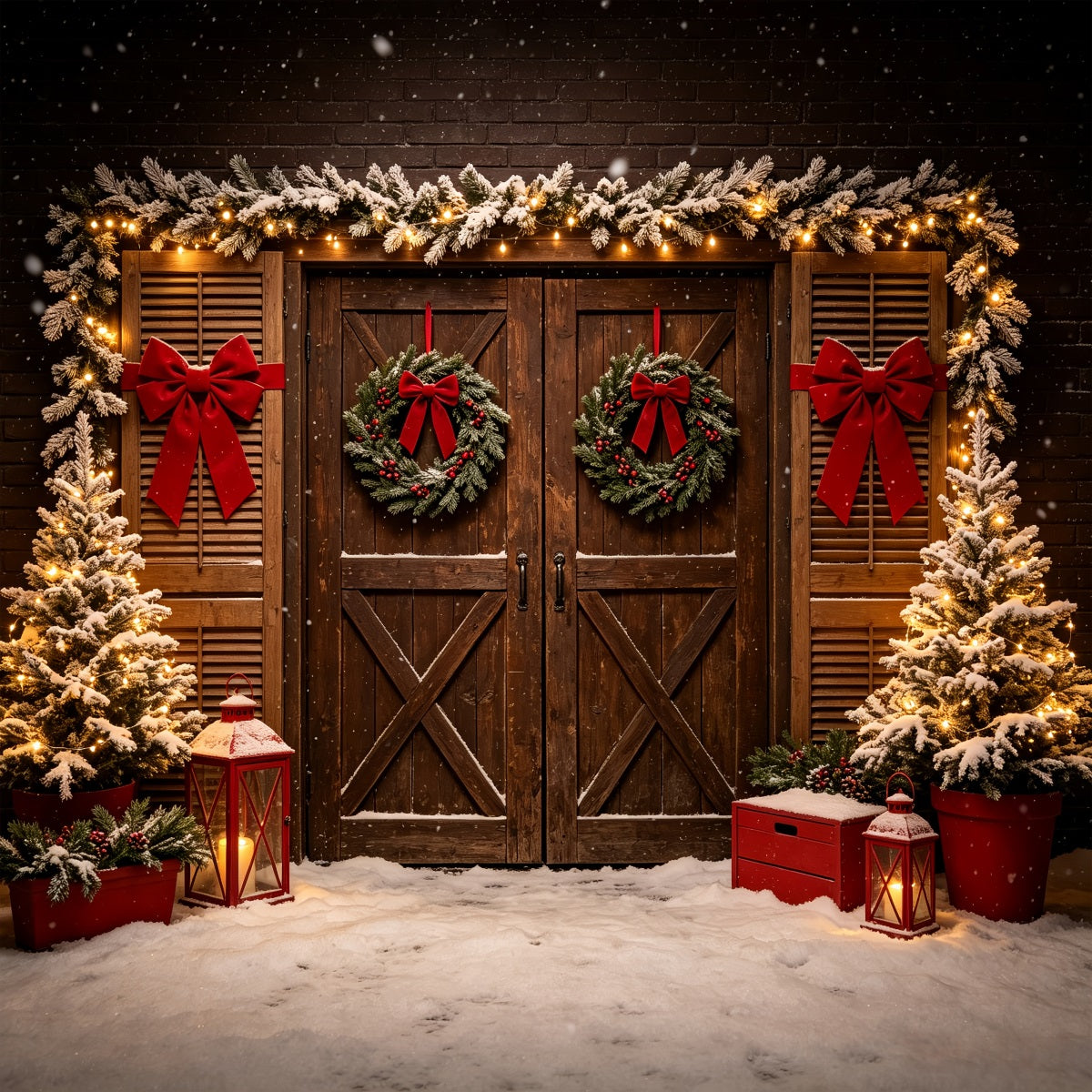 Western Christmas Backdrop Rustic Double Door Wreath Christmas Outdoor Backdrop UK CSH69-99