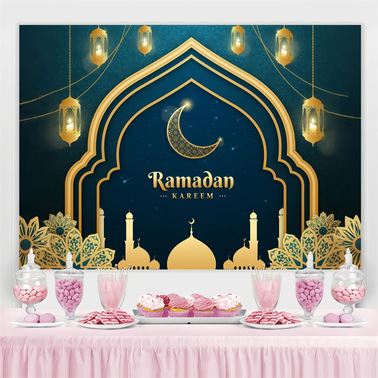 Ramadan Backdrops Gold Crescent Mosque Arch Backdrop UK GQ3-1