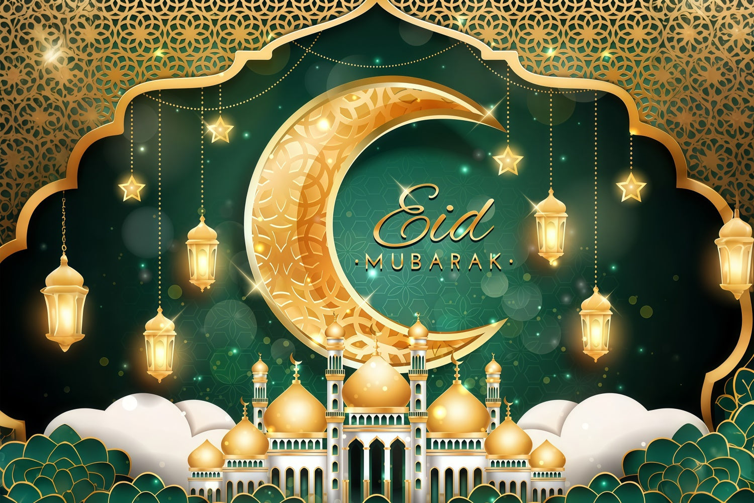 Eid Mubarak Backdrop Glowing Crescent Lanterns Festive Backdrop UK GQ3-101