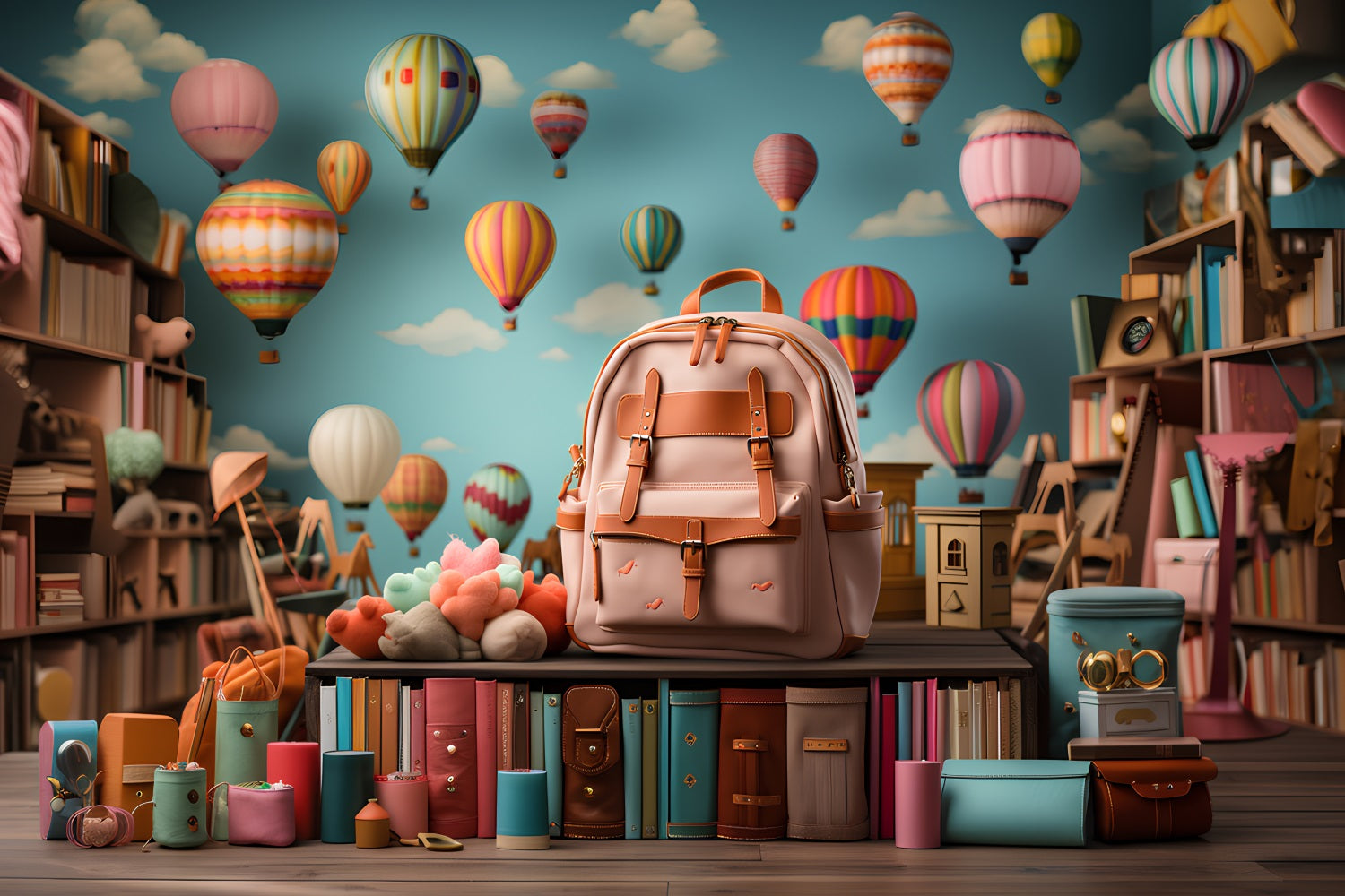 Back To School Photography Backdrop Hot Air Balloon Backpack Backdrop UK GQ3-108