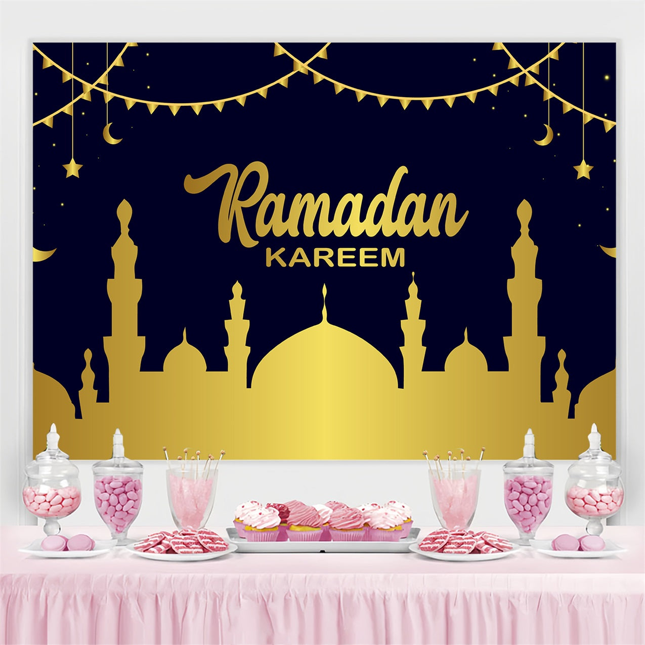 Ramadan Backdrops Glowing Moonlit Golden Mosque Backdrop UK GQ3-15