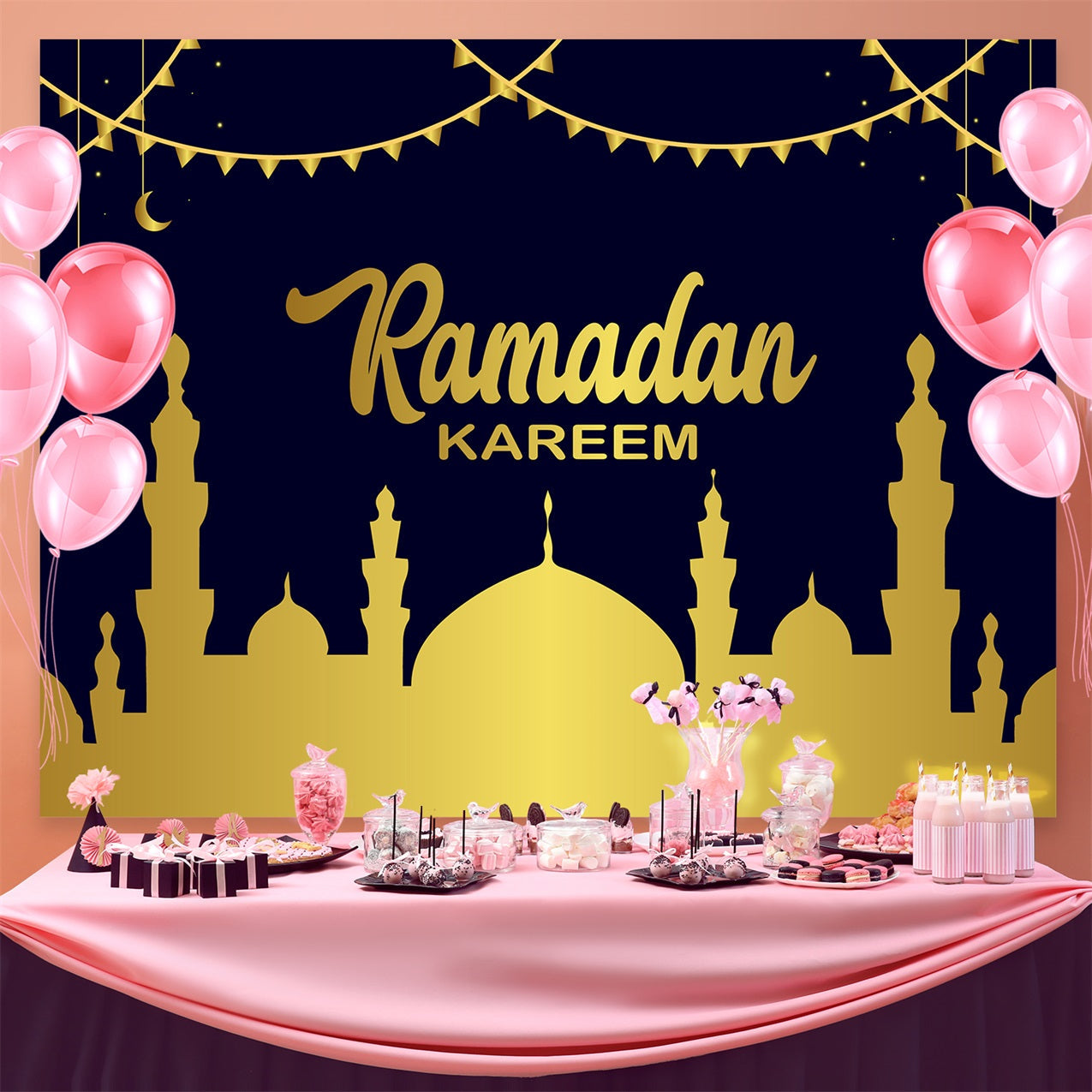 Ramadan Backdrops Glowing Moonlit Golden Mosque Backdrop UK GQ3-15