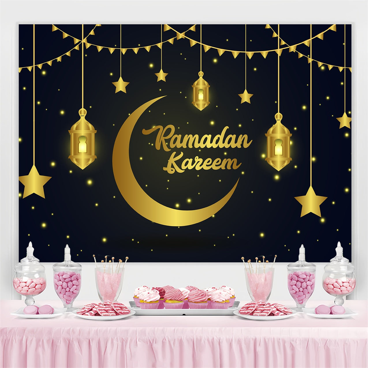 Ramadan Mubarak Backdrop Golden Stars Lanterns Backdrop UK GQ3-16