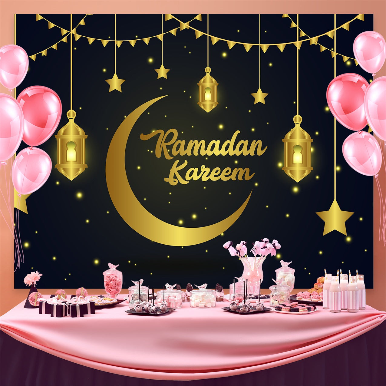 Ramadan Mubarak Backdrop Golden Stars Lanterns Backdrop UK GQ3-16