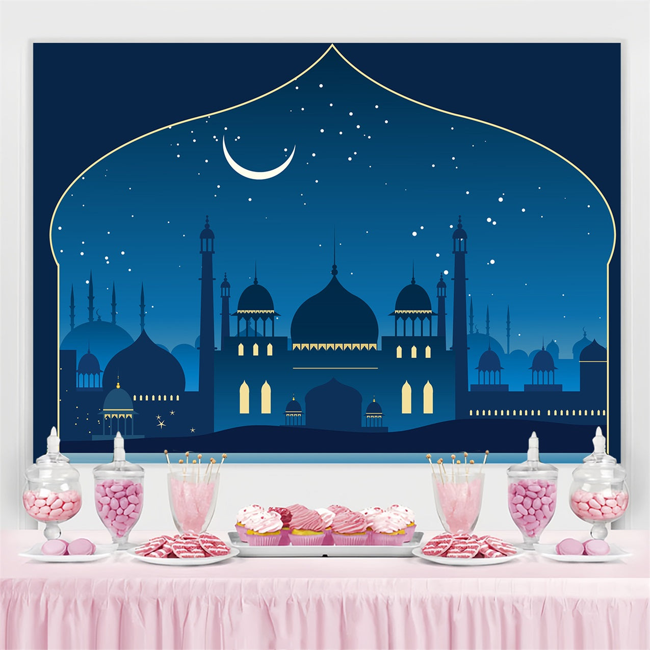 Ramadan Backdrops Starry Night Blue Mosque Backdrop UK GQ3-17