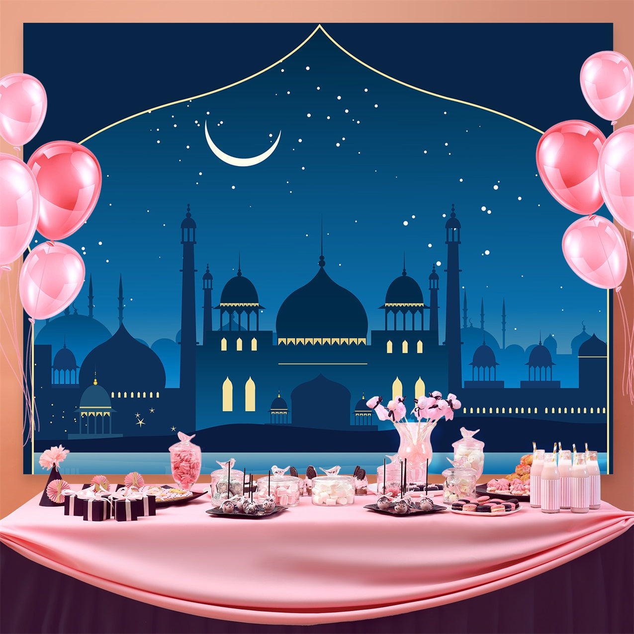 Ramadan Backdrops Starry Night Blue Mosque Backdrop UK GQ3-17