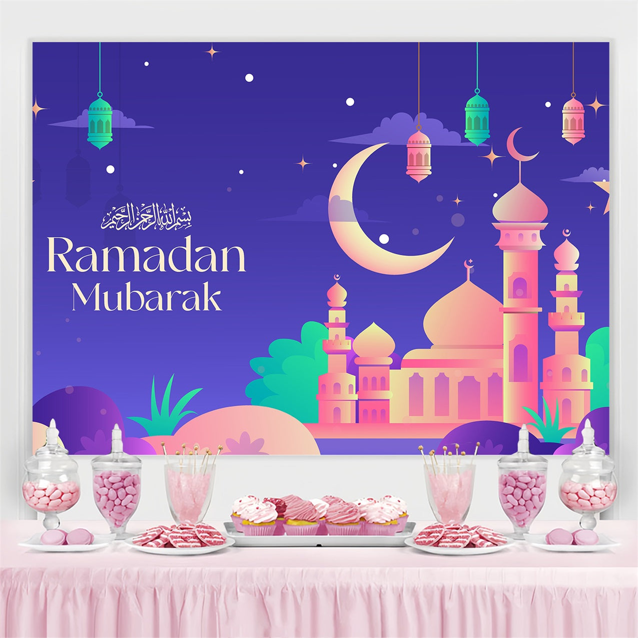 Ramadan Backdrops Colorful Twilight Mosque Celebration Backdrop UK GQ3-18