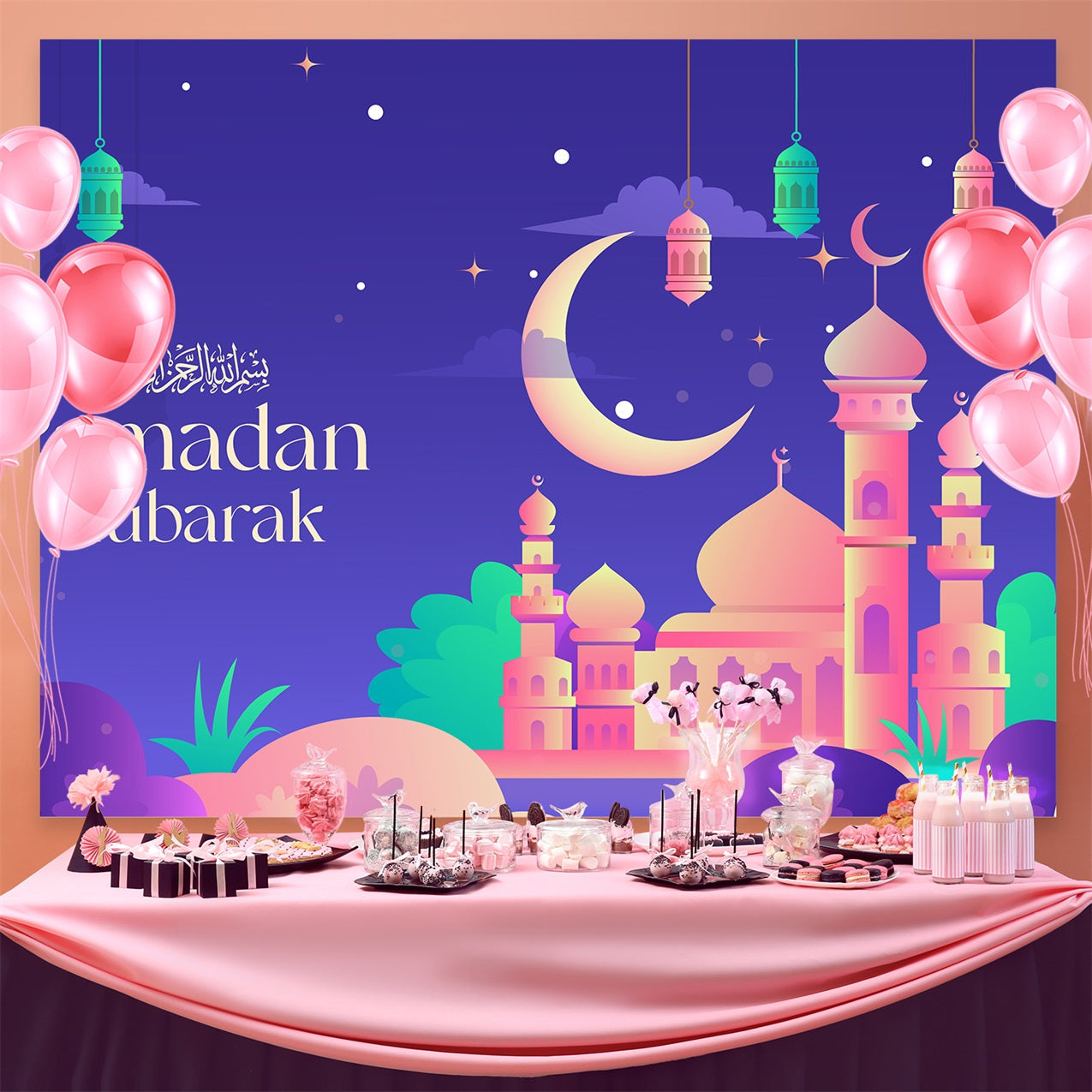 Ramadan Backdrops Colorful Twilight Mosque Celebration Backdrop UK GQ3-18