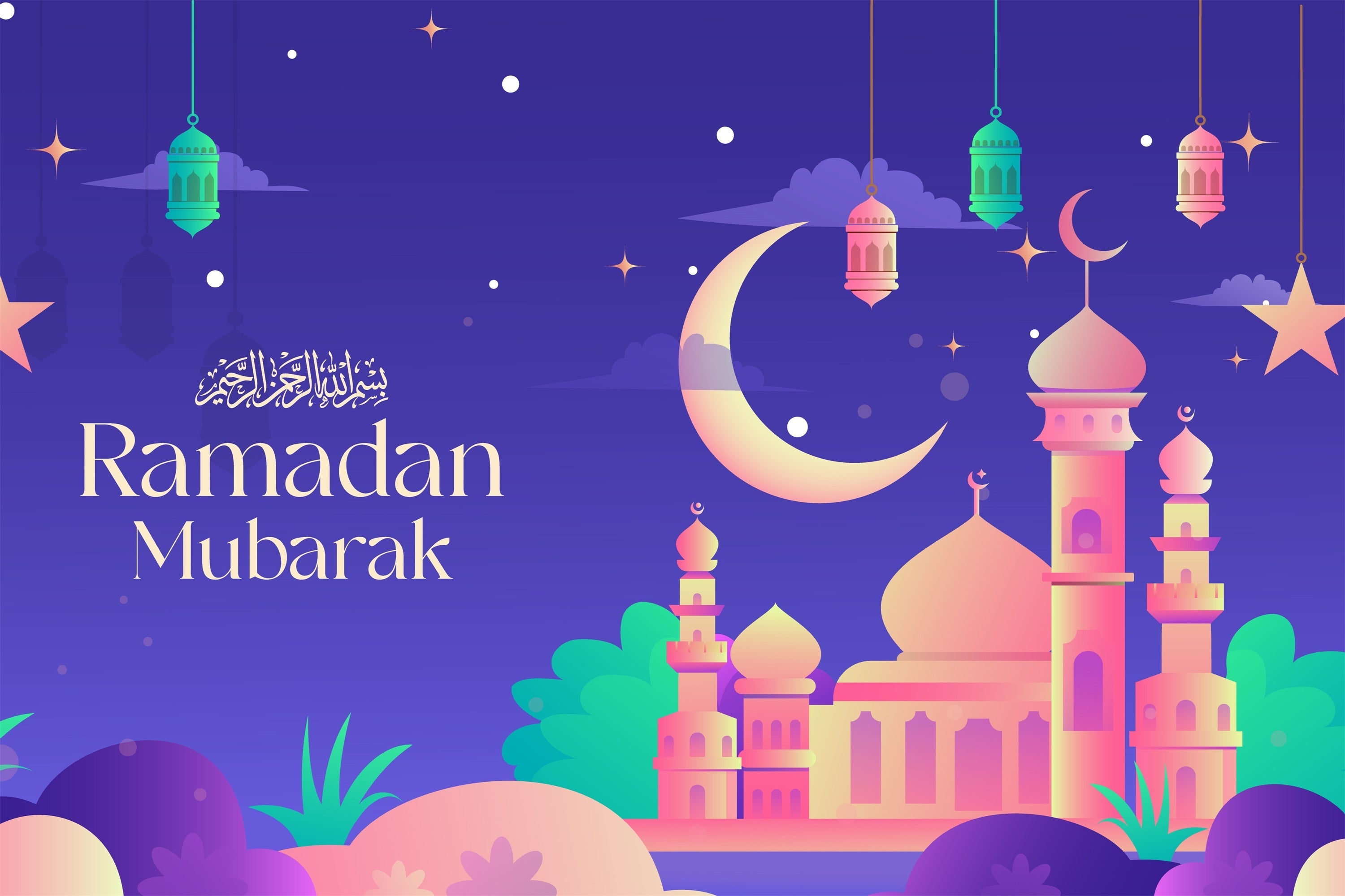 Ramadan Backdrops Colorful Twilight Mosque Celebration Backdrop UK GQ3-18