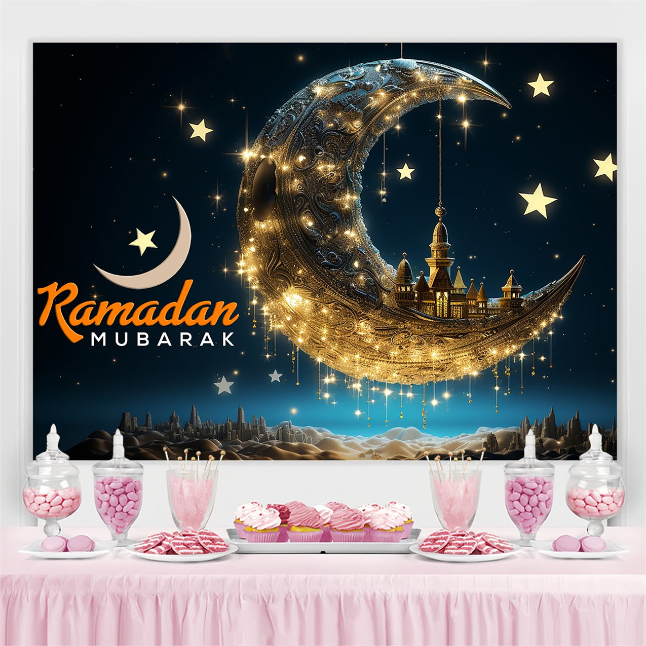 Ramadan Backdrops Golden Crescent Floating Mosque Backdrop UK GQ3-19