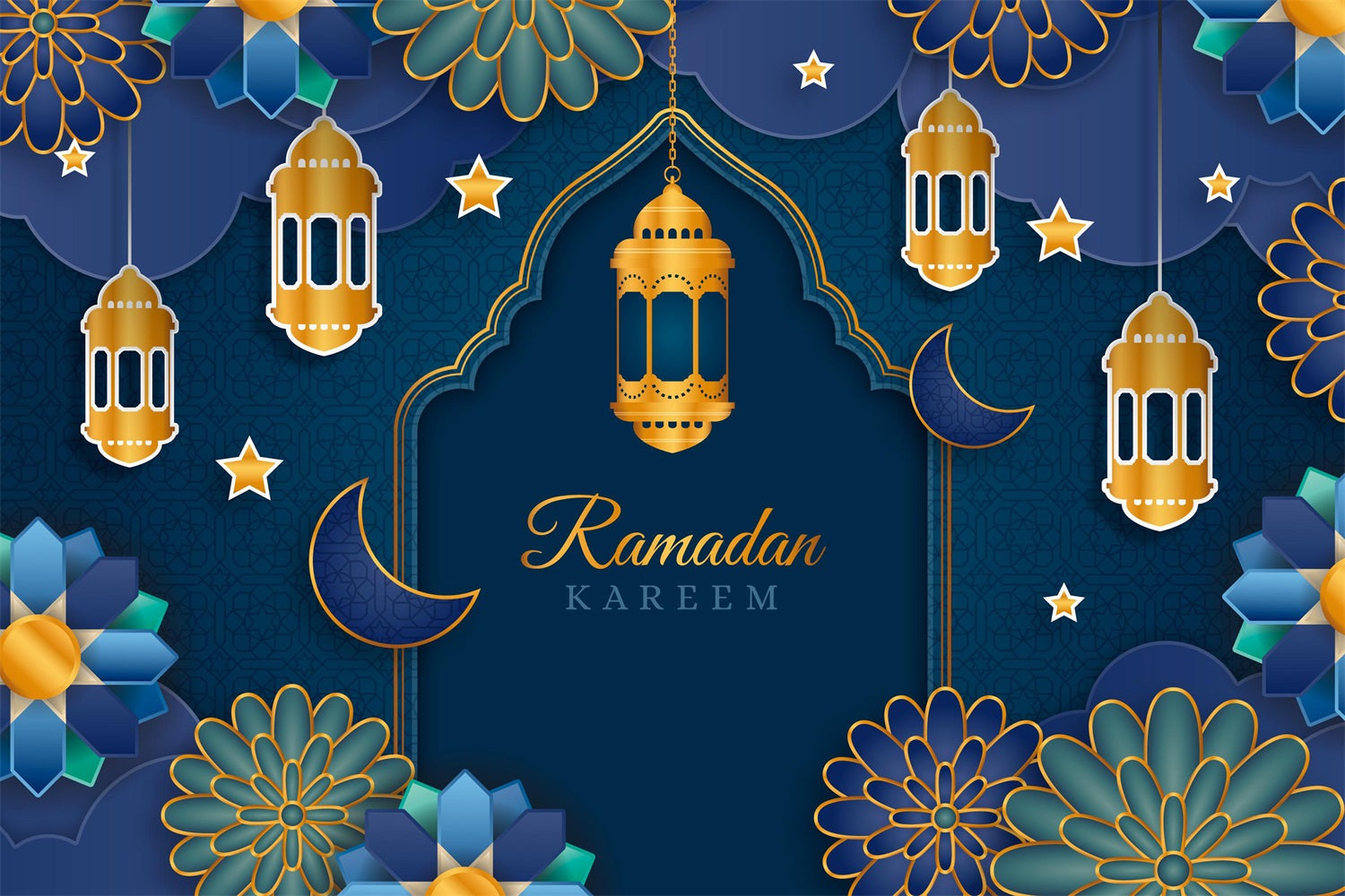 Ramadan Mubarak Backdrop Blue Gold Lanterns Floral Arch Backdrop UK GQ3-2