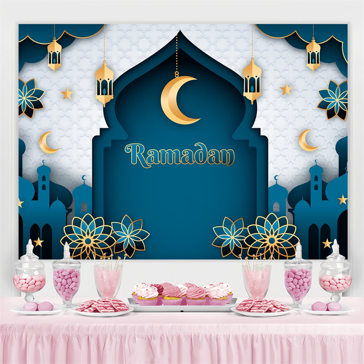 Ramadan Mubarak Backdrop Classic Blue Crescent Arch Backdrop UK GQ3-20