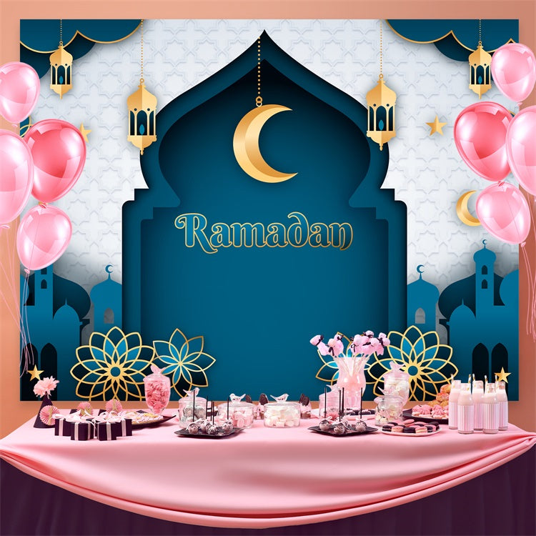 Ramadan Mubarak Backdrop Classic Blue Crescent Arch Backdrop UK GQ3-20