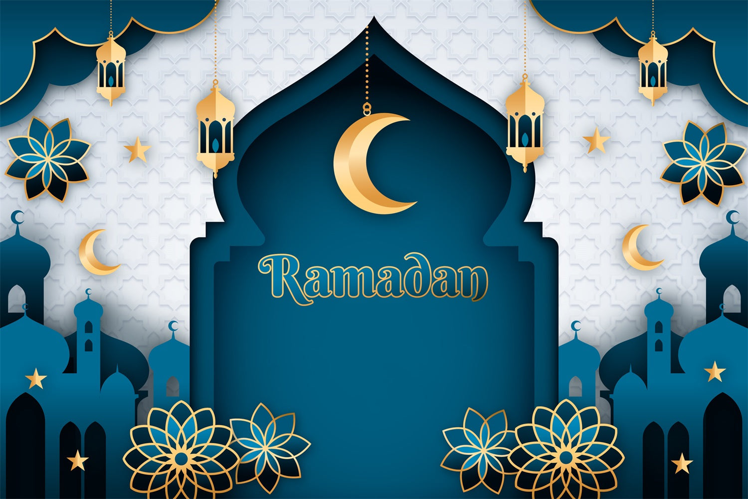 Ramadan Mubarak Backdrop Classic Blue Crescent Arch Backdrop UK GQ3-20