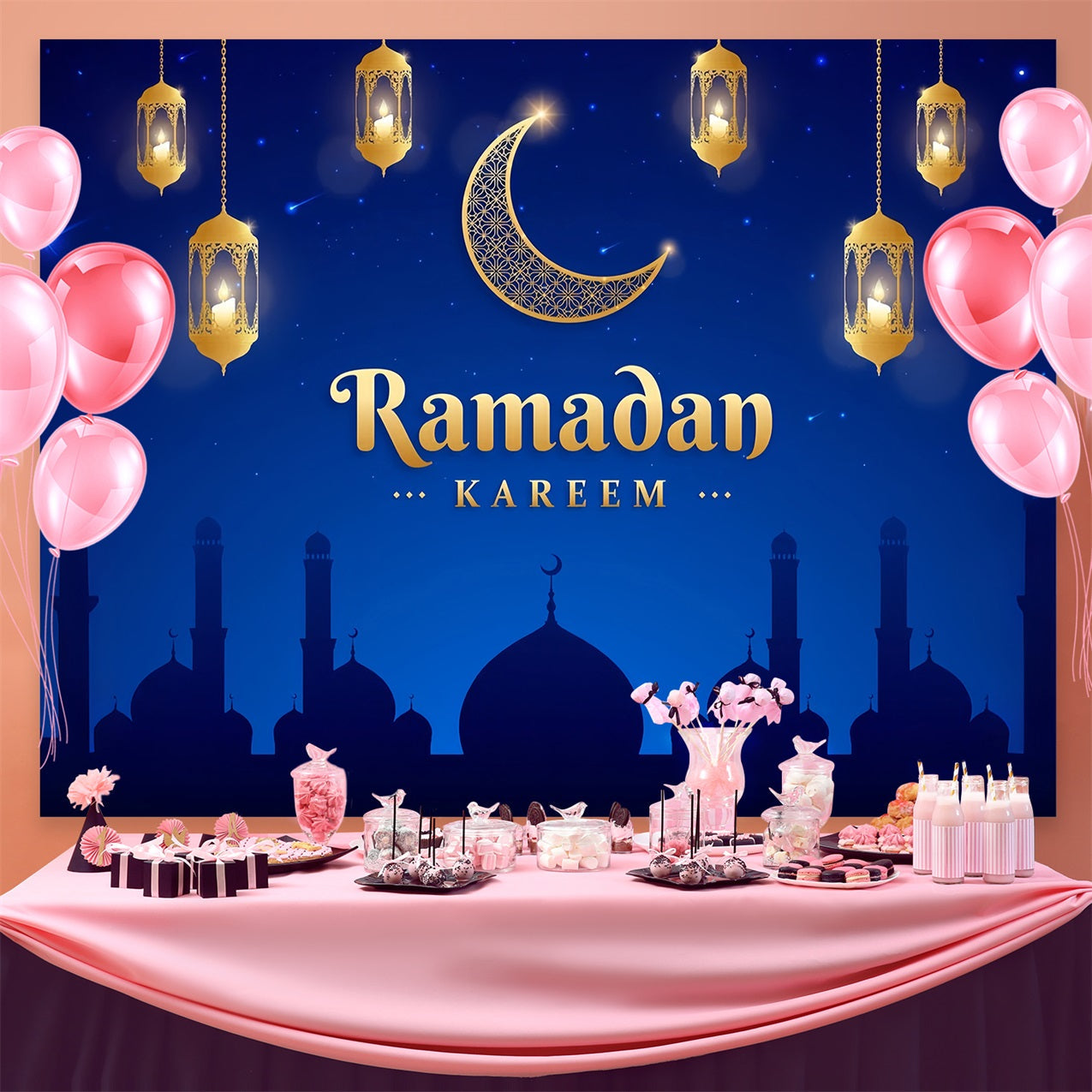 Ramadan Backdrops Gold Crescent Lantern Night Backdrop UK GQ3-21