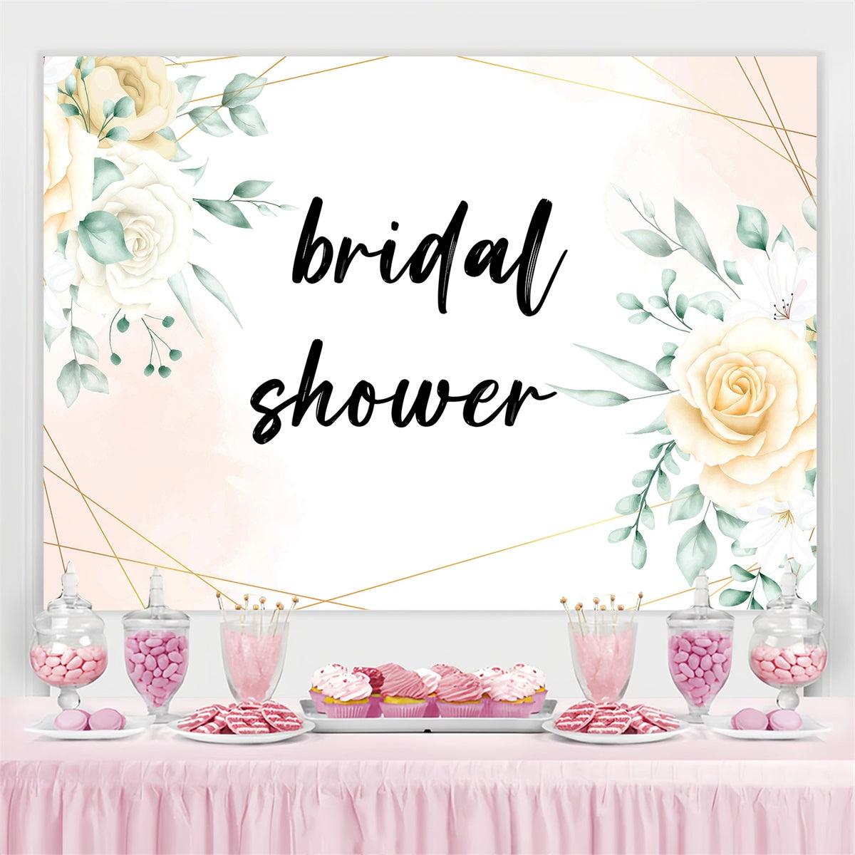 Custom Bridal Shower Backdrops Cream Rose Geometric Frame Backdrop UK GQ3-224