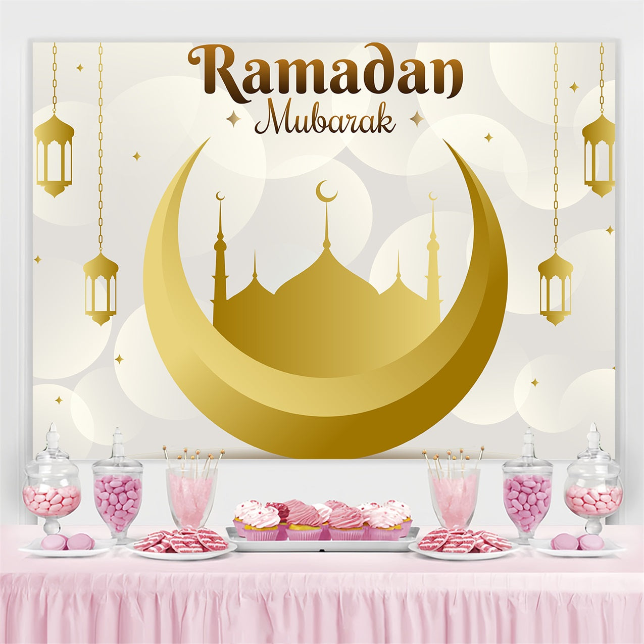 Ramadan Mubarak Backdrop Golden Crescent Hanging Lanterns Backdrop UK GQ3-24