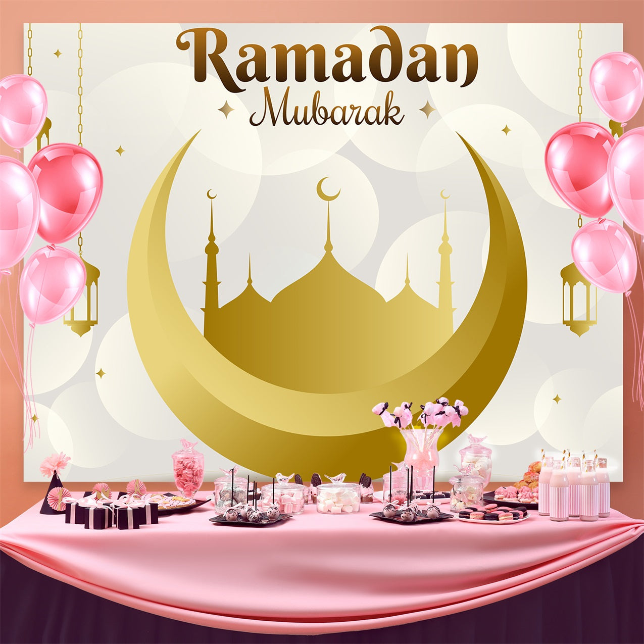 Ramadan Mubarak Backdrop Golden Crescent Hanging Lanterns Backdrop UK GQ3-24