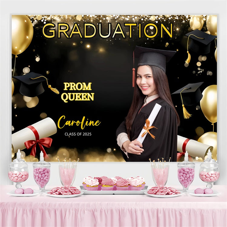 Prom 2025 Backdrop Gold Balloons Shiny Graduation Party Customized Backdrop UK GQ3-244