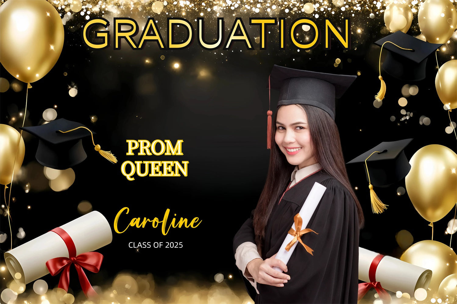 Prom 2025 Backdrop Gold Balloons Shiny Graduation Party Customized Backdrop UK GQ3-244