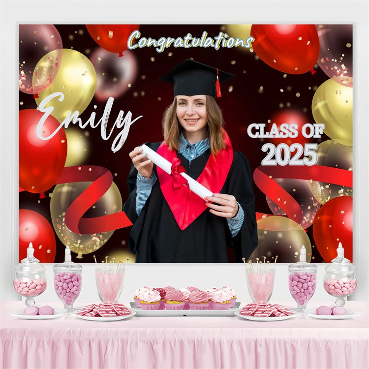 Personalized Graduation Backdrop Red Gold Balloons Graduation Party Backdrop UK GQ3-248