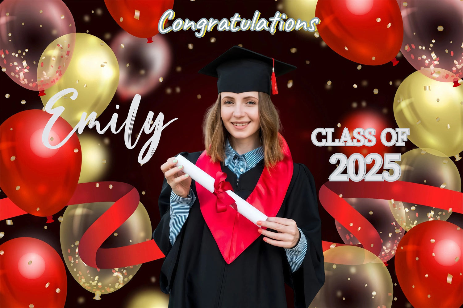 Personalized Graduation Backdrop Red Gold Balloons Graduation Party Backdrop UK GQ3-248
