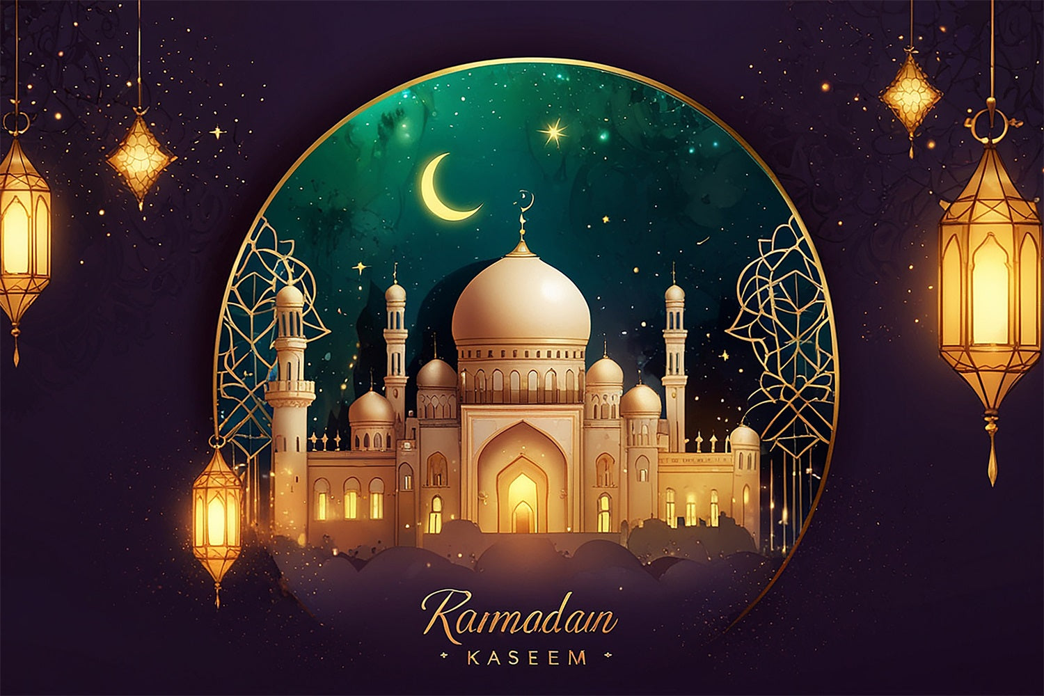 Ramadan Backdrops Crescent Golden Frame Mosque Backdrop UK GQ3-28