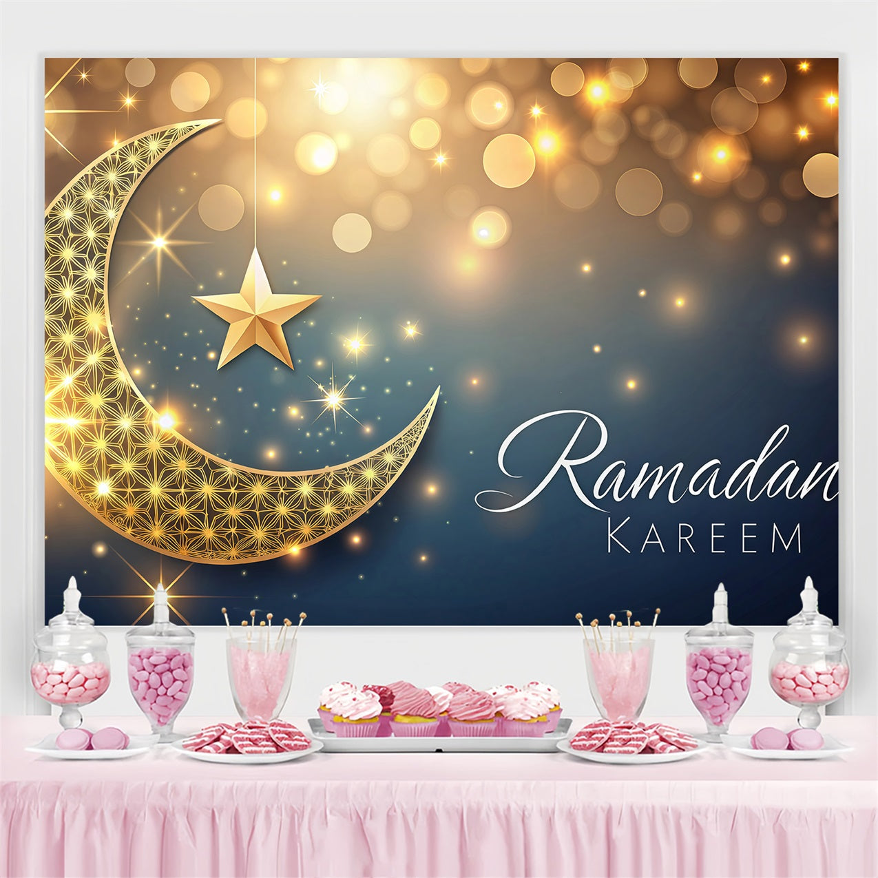 Ramadan Backdrops Golden Crescent Sparkling Stars Backdrop UK GQ3-29
