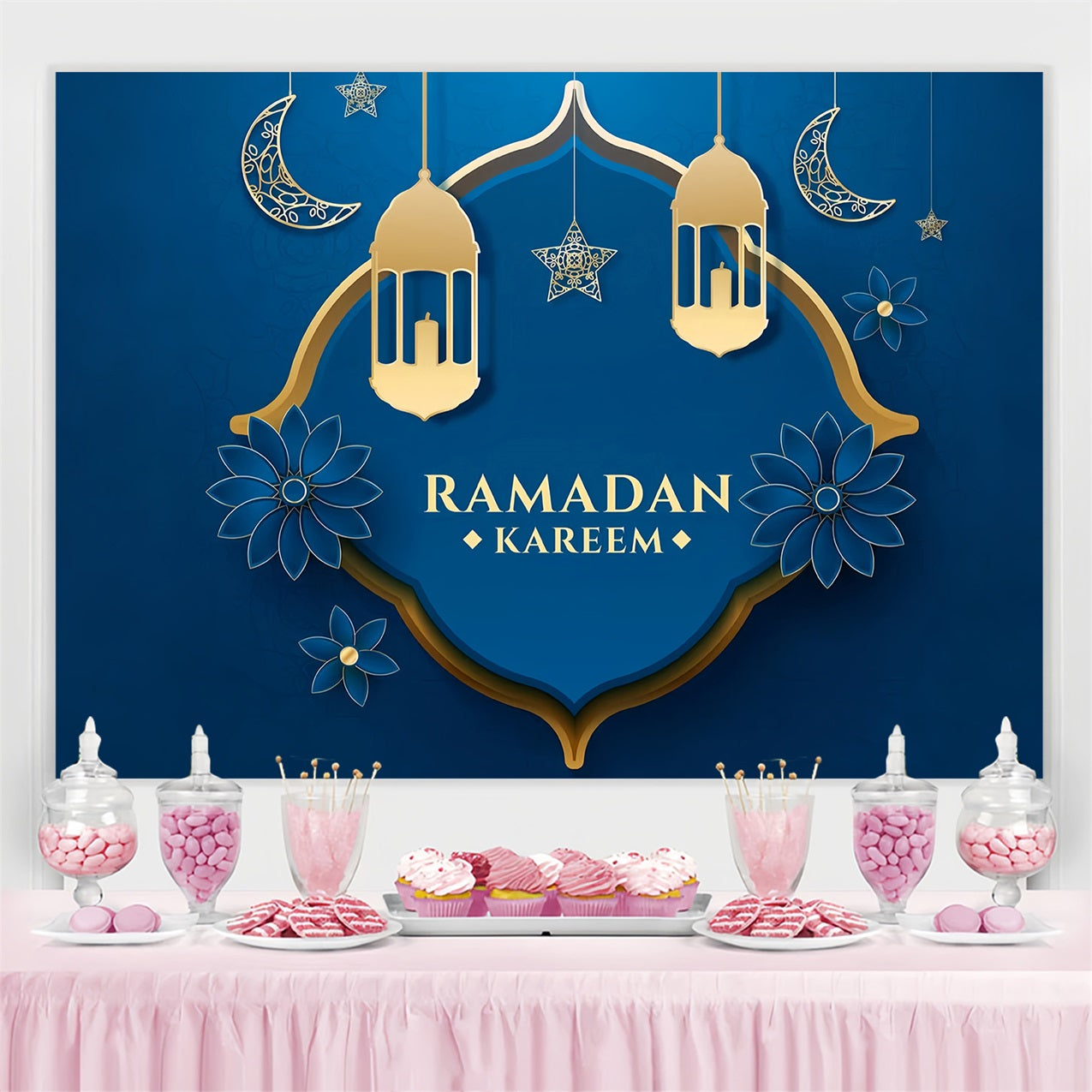 Ramadan Mubarak Backdrop Blue Floral Crescent Backdrop UK GQ3-31