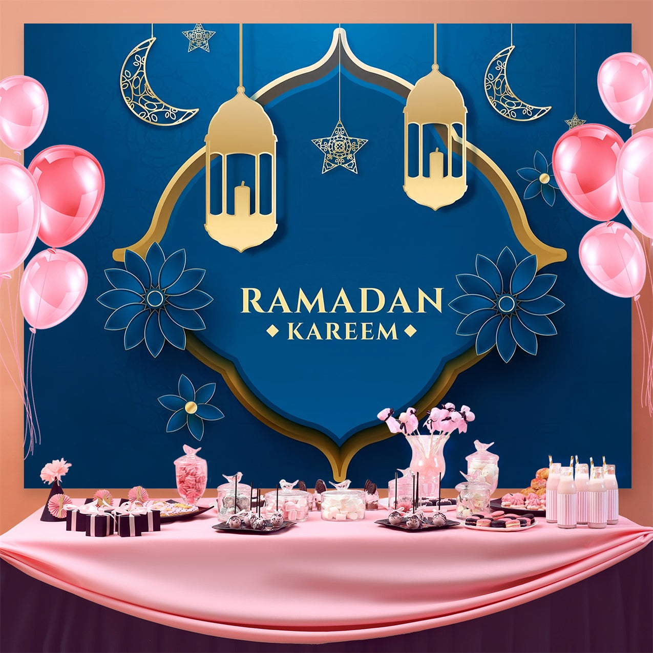 Ramadan Mubarak Backdrop Blue Floral Crescent Backdrop UK GQ3-31