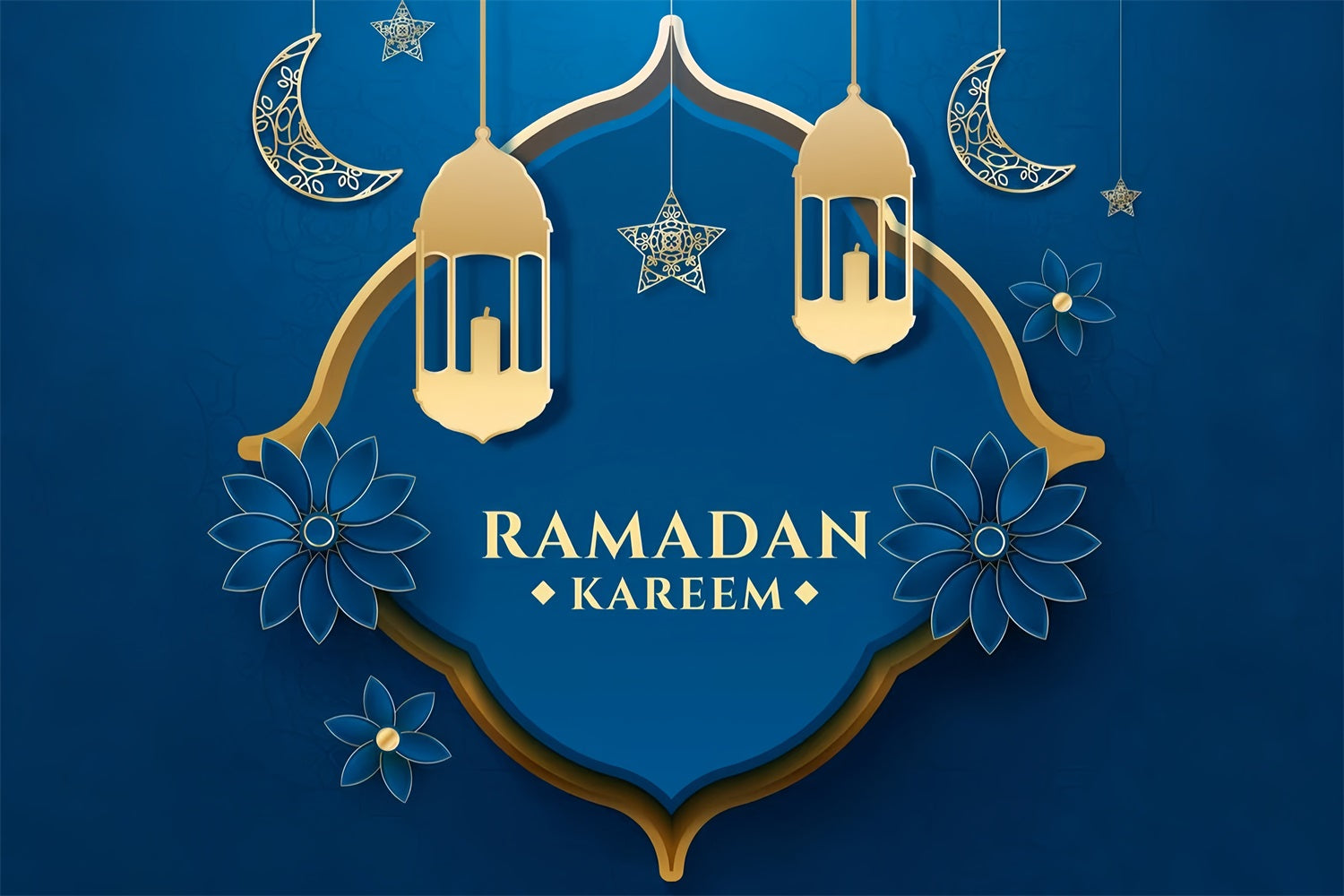Ramadan Mubarak Backdrop Blue Floral Crescent Backdrop UK GQ3-31
