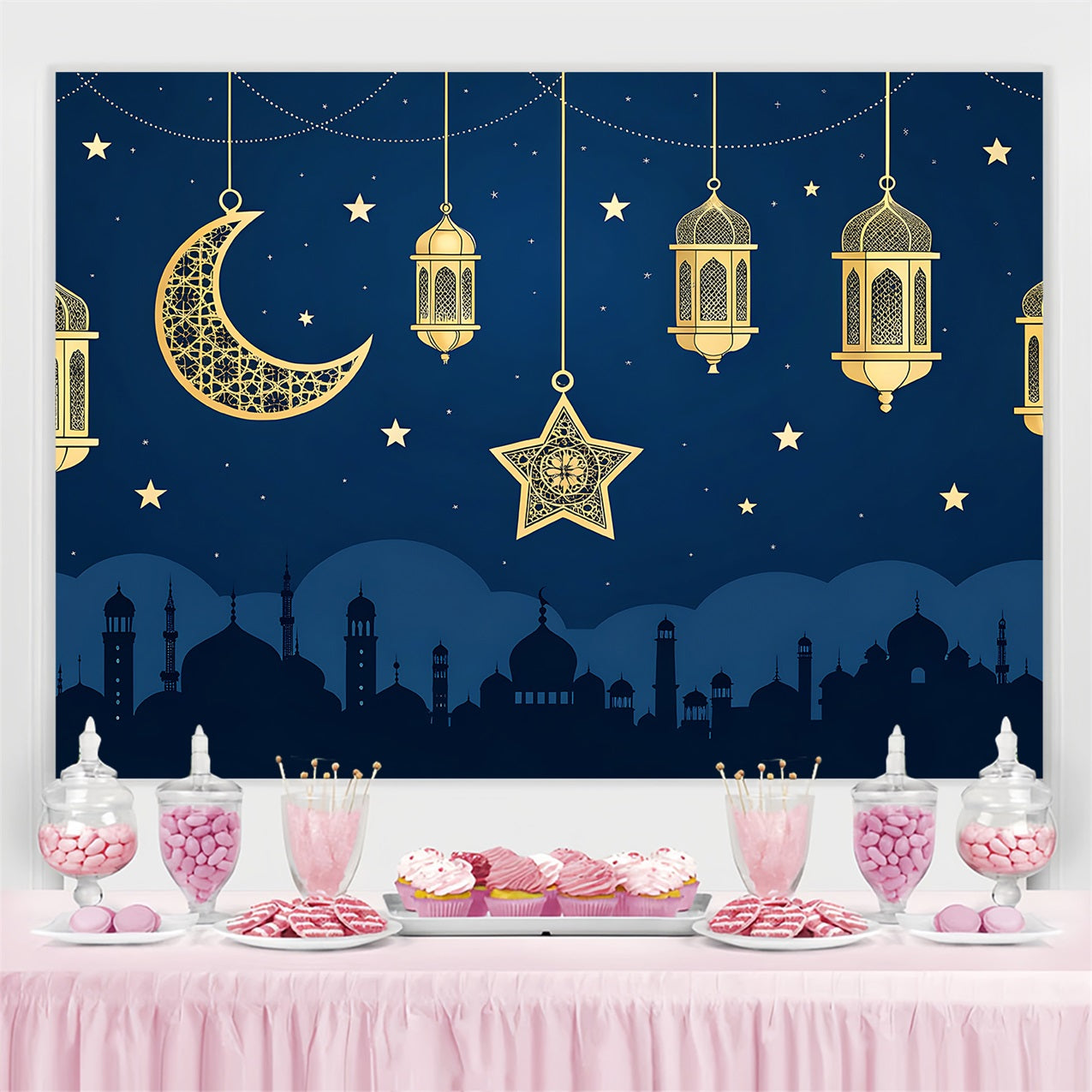 Ramadan Backdrops Golden Crescent Lantern Night Backdrop UK GQ3-33