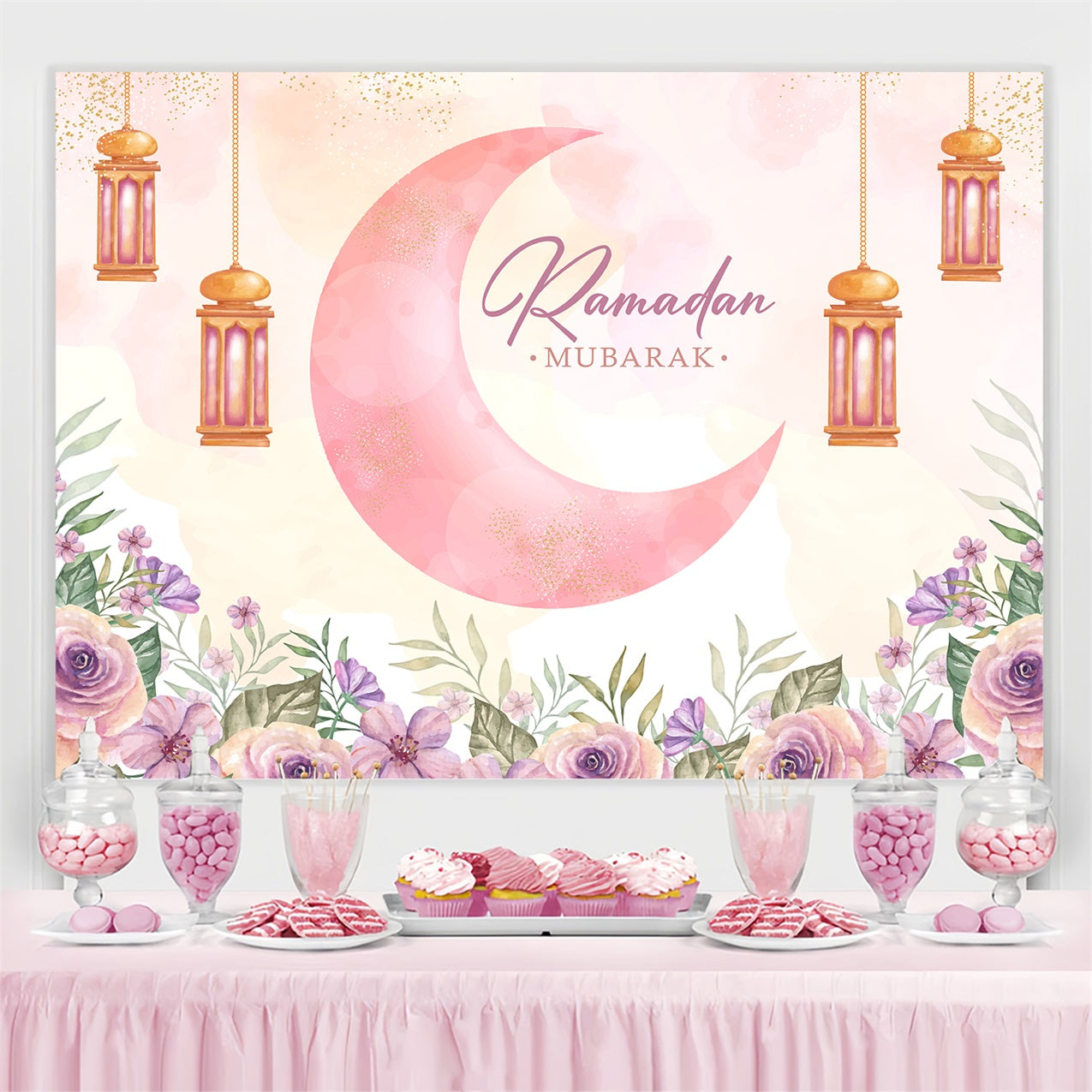 Ramadan Backdrops Watercolor Crescent Moon Lanterns Floral Backdrop UK GQ3-35