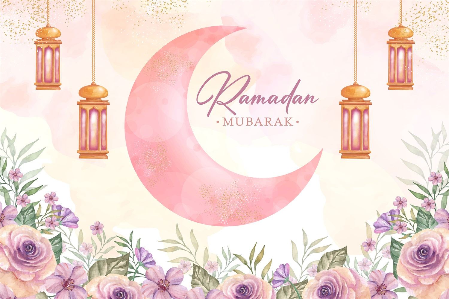 Ramadan Backdrops Watercolor Crescent Moon Lanterns Floral Backdrop UK GQ3-35