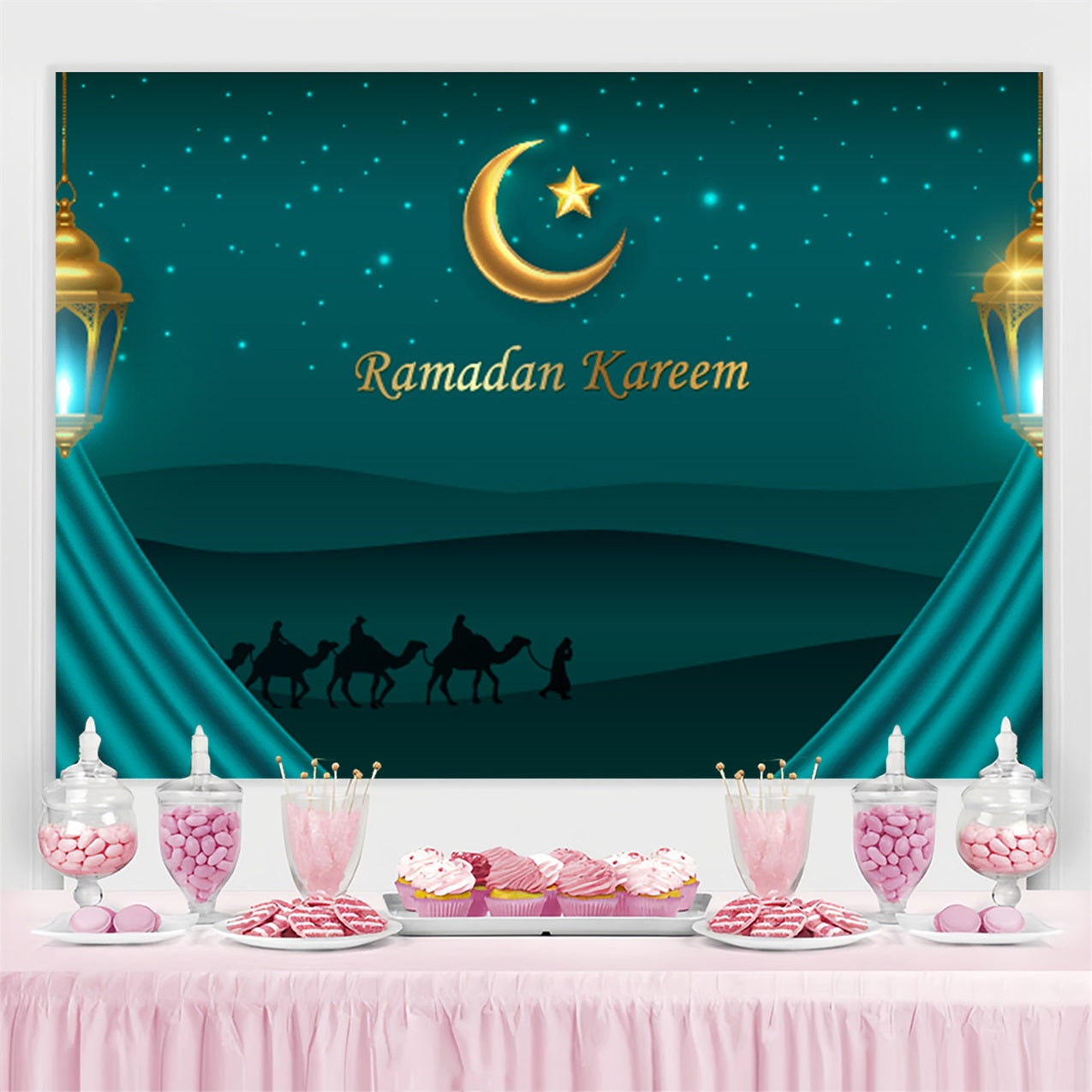 Ramadan Mubarak Backdrop Starry Night Desert Camels Backdrop UK GQ3-36