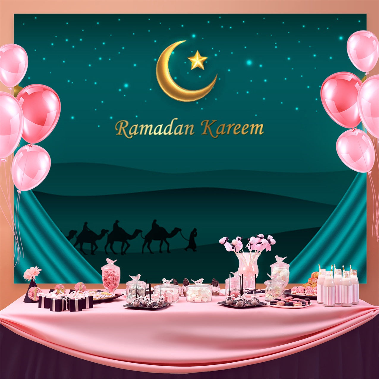 Ramadan Mubarak Backdrop Starry Night Desert Camels Backdrop UK GQ3-36
