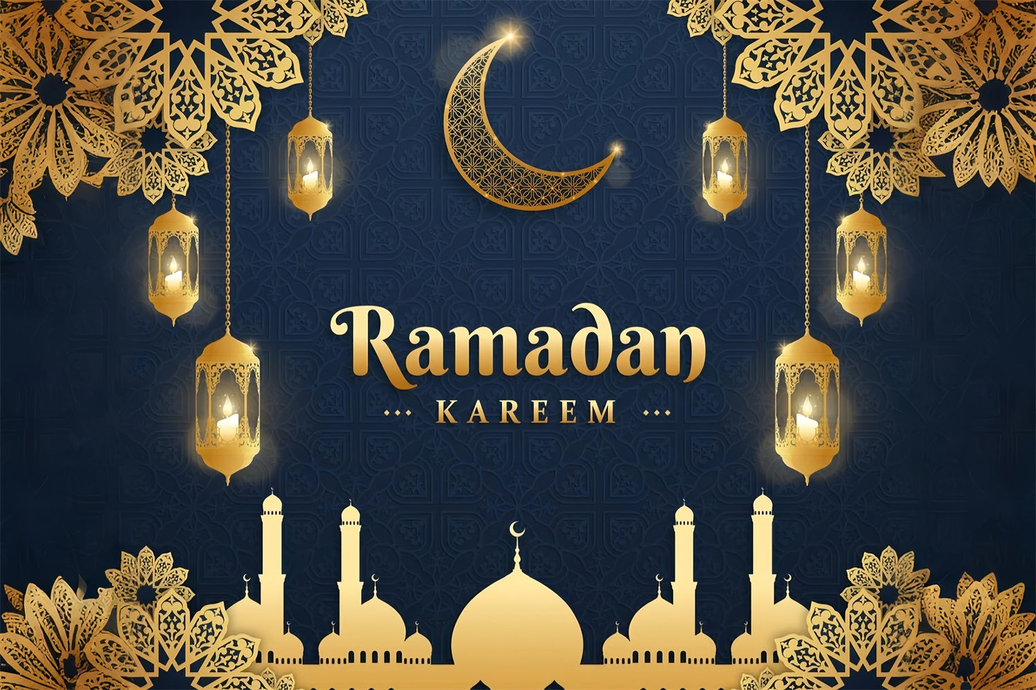 Ramadan Backdrops Golden Lanterns Mosque Silhouette Backdrop UK GQ3-37