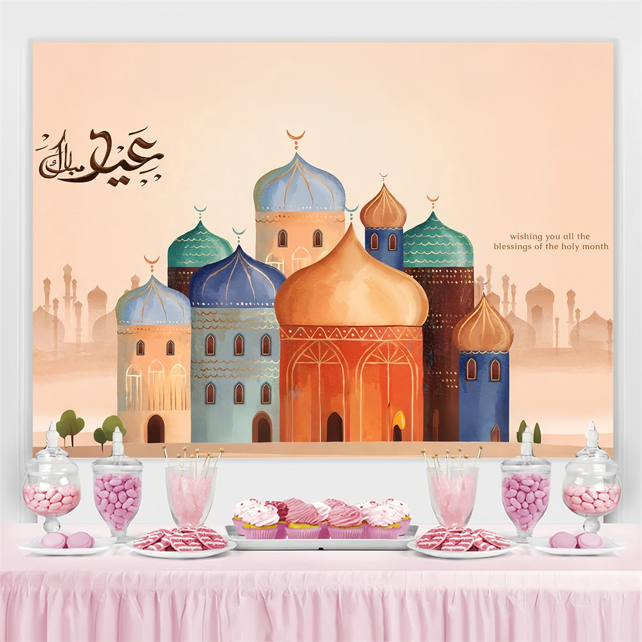 Ramadan Mubarak Backdrop Watercolor Mosque Architecture Backdrop UK GQ3-4